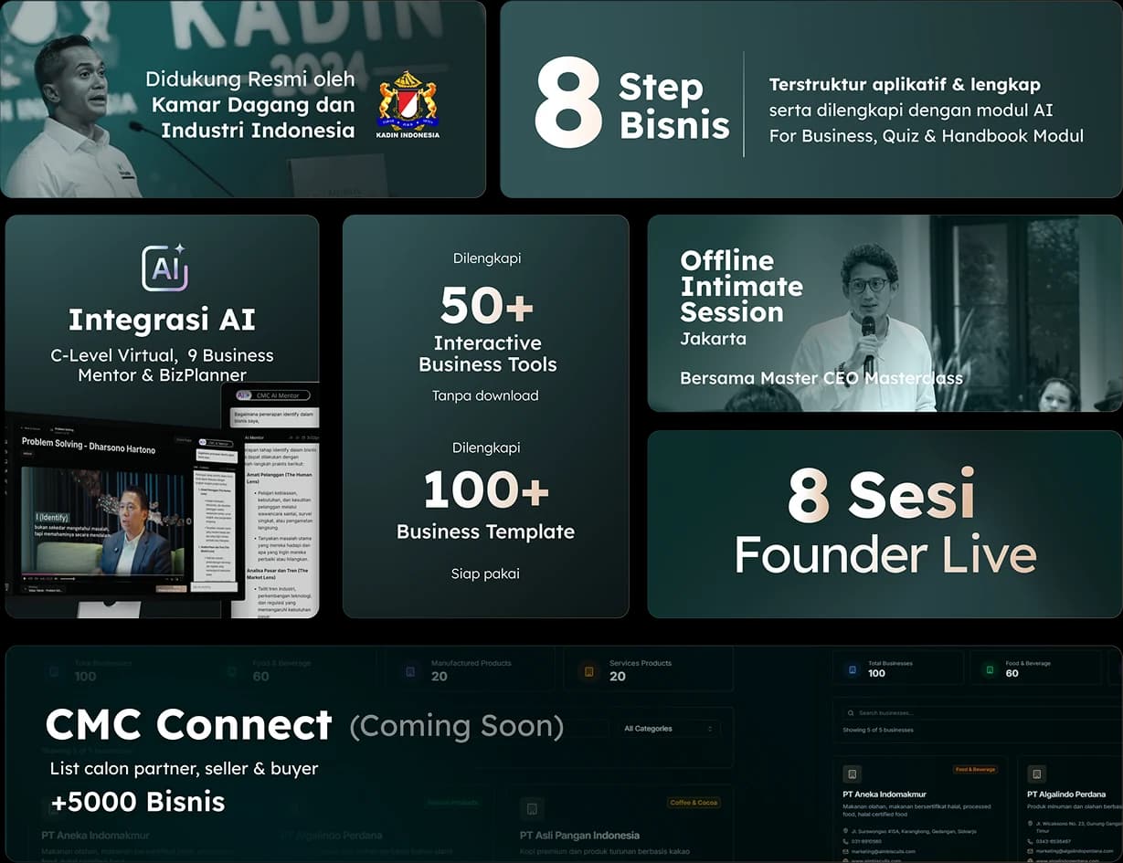 Ekosistem CEO Masterclass: didukung resmi Kadin Indonesia, 8 Step Bisnis, integrasi AI, 50+ interactive business tools, 100+ business template, offline intimate session di Jakarta, 8 sesi Founder Live, dan CMC Connect dengan 5000+ bisnis