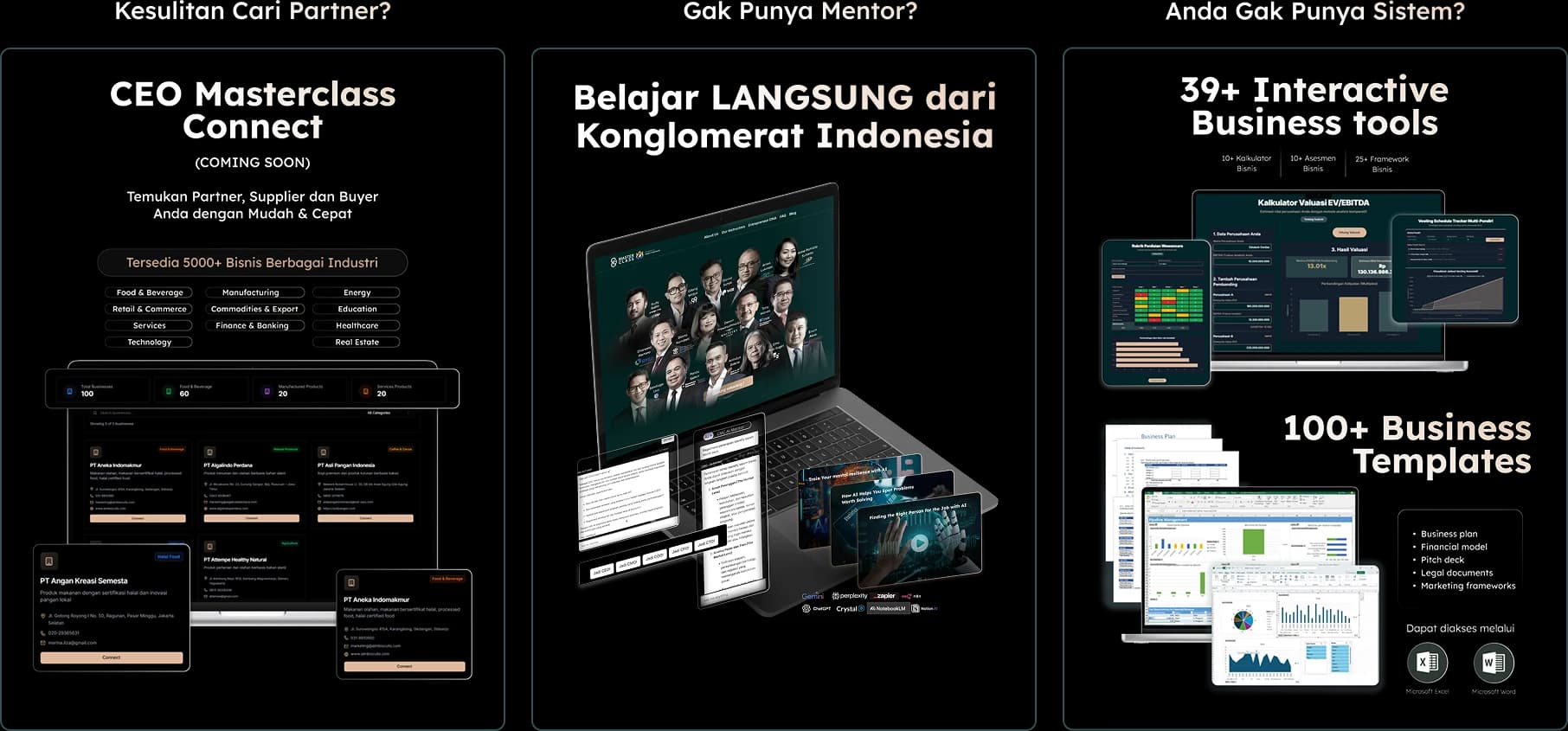 CEO Masterclass Connect for partners, lessons straight from Indonesian conglomerates, and 39+ interactive business tools with 100+ business templates